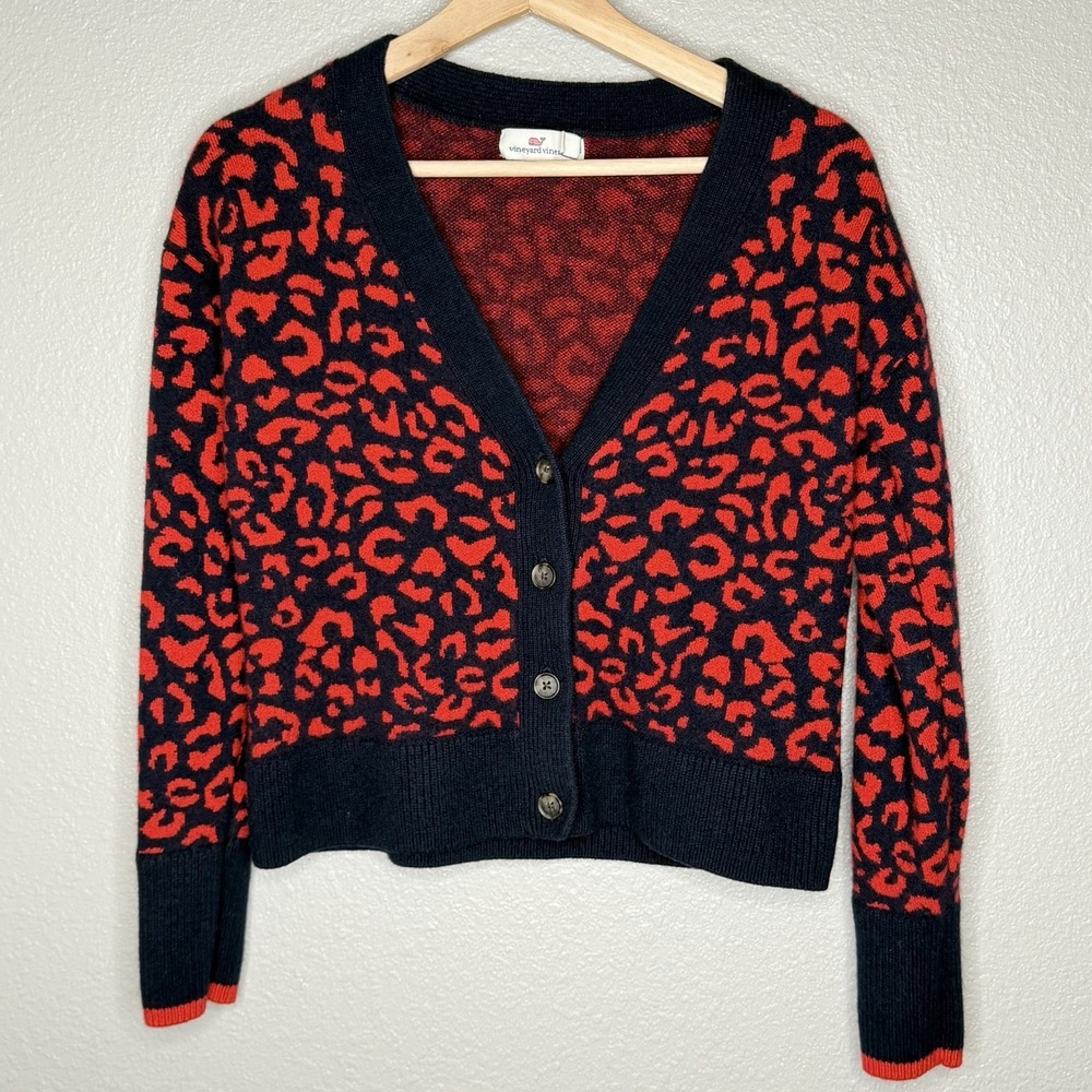 Vineyard Vines Leopard Print‎ Button Cardigan Sweater Red Womens S Y2K Preppy